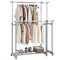 Silver Metal Adjustable Double Rod Clothes Rack with Wheels and Bottom Bars